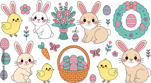 Horizontal border composition with cute cartoon Easter bunnies, a yellow chick, colorful painted eggs, and a wicker basket.