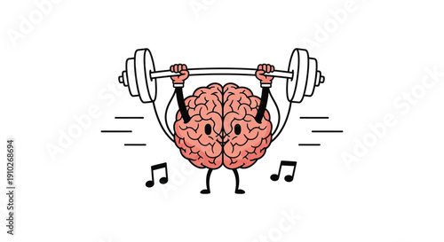 Cartoon brain character happily lifting heavy barbell, demonstrating mental strength training and focused concentration