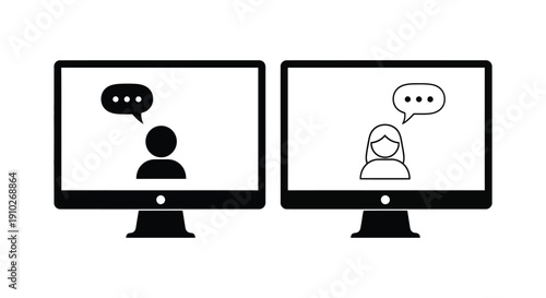 Two different computer monitors display silhouettes of people communicating through chat bubbles in a graphic concept