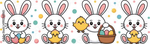 Set of cute cartoon Easter bunnies with yellow chicks and colorful eggs in baskets isolated on white background for holiday greeting cards.