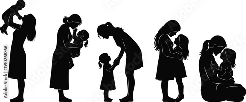 Black vector silhouettes set of happy mothers bonding with their young daughters through lifting hugging and holding hands representing maternal love and parenting concepts