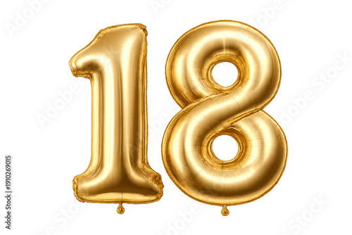 Golden number 18 foil balloon celebrating birthday turning age