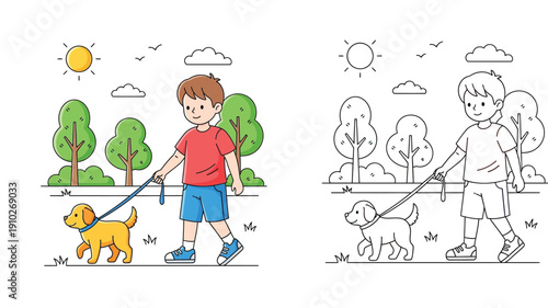 Cute boy walking dog in park vector illustration. Happy child with puppy on leash outdoors. Set of colored cartoon and black and white outline for coloring book page.