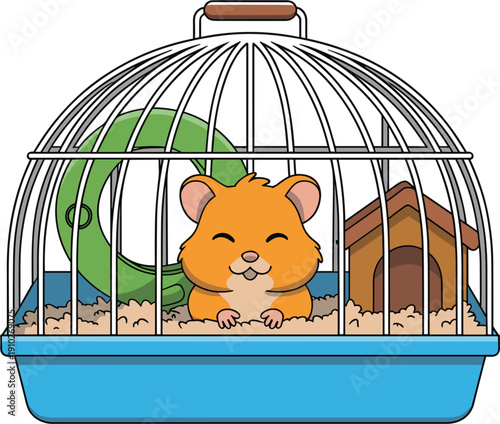 Cute happy orange hamster character sitting inside a blue wire cage habitat with exercise wheel and small wooden house for pets.