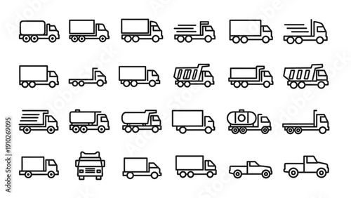 Various types of trucks and vehicles.
