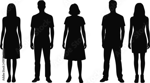 Vector, black, silhouette, illustration, set, of, various, young, men, and, women, standing, in, casual, clothing, for, fashion, social, diversity, and, people, design, elements