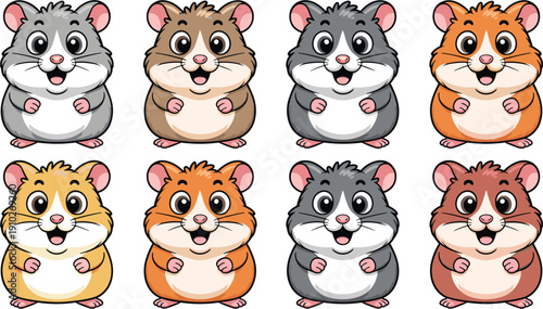 Collection of cute cartoon hamster characters in different colors including grey brown and orange isolated on white background for stickers and icons.