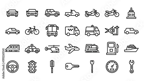 Various Vehicle and Tool Icons in Black.