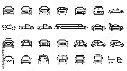 Various Vehicle Icons and Illustrations Collection.