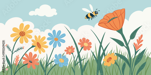 Gemini said

A vibrant spring meadow filled with blooming flowers and lush green grass glows under a sunny blue sky, creating a beautiful floral landscape where a butterfly flits through a field of da