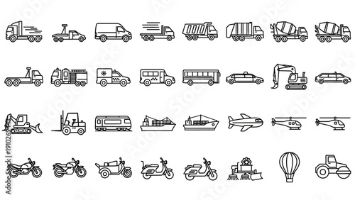 Various Vehicles and Transportation Icons Outlined.