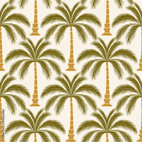 tropical palm tree pattern in olive green and warm beige. Ideal for summer, resort, beach, and botanical themes, fabric, wallpaper, and wrapping designs.