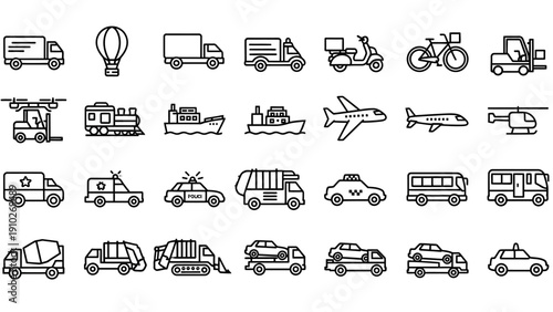 Various Vehicles and Transportation Icons Outlined.