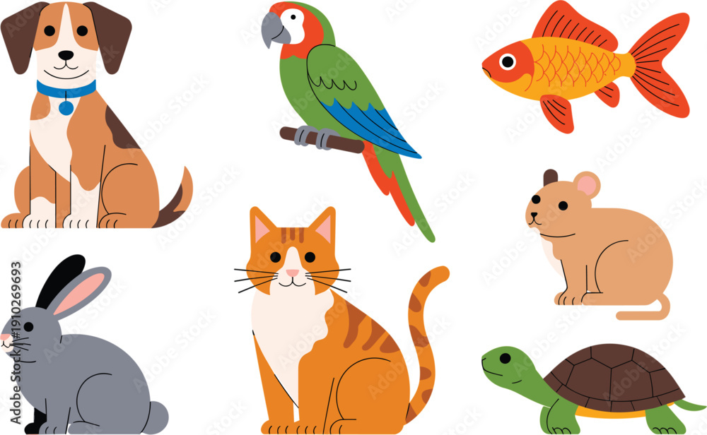 Fototapeta premium Cute domestic pets vector set featuring a dog, cat, parrot, goldfish, rabbit, hamster, and turtle isolated on white background for pet shop.