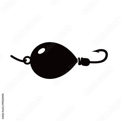 Black fishing hook and sinker silhouette illustration, simple monochrome outdoor and angling design.