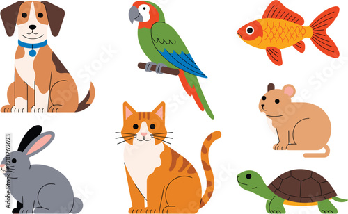 Cute domestic pets vector set featuring a dog, cat, parrot, goldfish, rabbit, hamster, and turtle isolated on white background for pet shop.