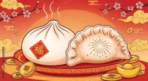 Traditional Chinese Dumplings with Golden Ingots.