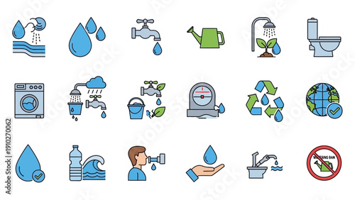 Water Conservation Icons Set for Environmental Awareness.
