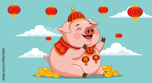 Cartoon Pig Wearing Red Hat and Emblems.