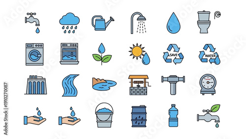 Water Conservation Icons Set Illustration Design Elements.