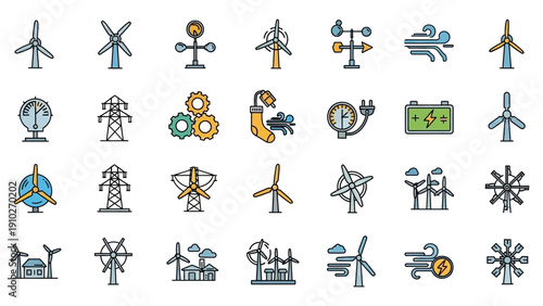 Wind turbines renewable energy icons.
