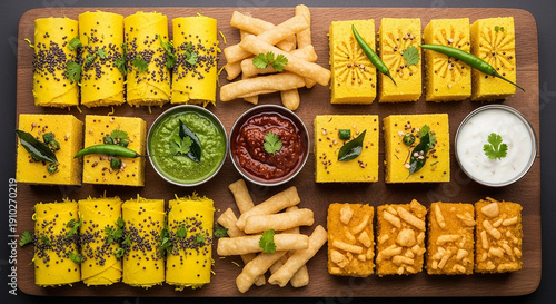 Assorted Indian snacks and condiments on wooden board