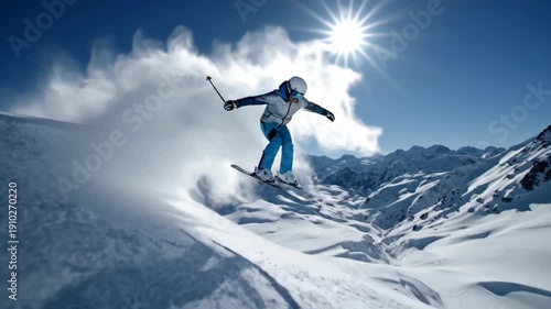 Wallpaper Mural Active Skier Performs Mid Air Jump Over Snowy Mountain Range Under Bright Sunny Sky Torontodigital.ca