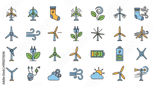 Wind Turbines Renewable Energy Icons.