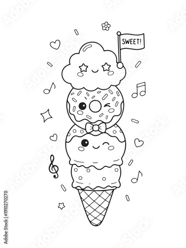 Kawaii Ice Cream Sundae Coloring Page Black and White Cute Cartoon Dessert with Cherry and Wafer
