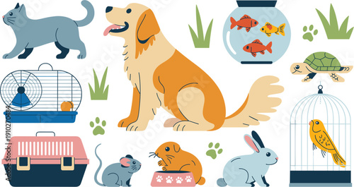 Comprehensive pet shop vector collection with golden retriever dog cat rabbit bird fish and turtle featuring animal cages aquarium and carrier for 