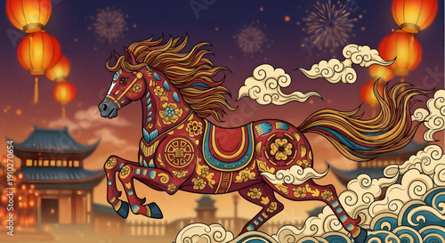 Decorative Horse with Intricate Patterns Running.