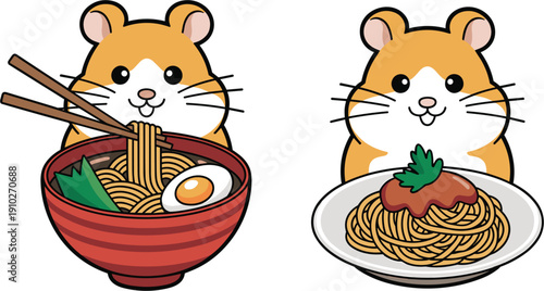 Cute hamster mascot vector character eating delicious ramen noodles and spaghetti pasta for restaurant branding social media stickers cafe menus and foodie blog illustrations isolated on white.