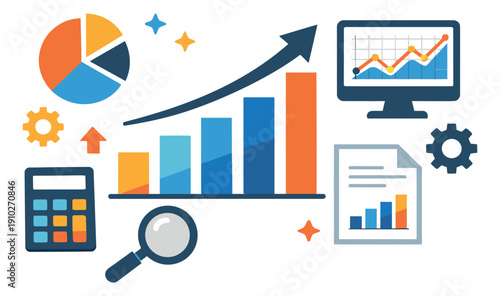 Flat design business data set featuring various charts, a calculator, a computer monitor, and a magnifying glass for financial analysis and growth