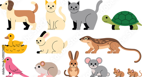 Flat vector animal collection featuring domestic pets and wildlife including dog cat rabbit turtle hamster and koala for educational children books zoo posters and pet shop branding isolated on white.