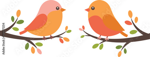 Two cute colorful birds perched on tree branches facing each other, minimalist flat vector illustration of avian couple, nature and spring concept.