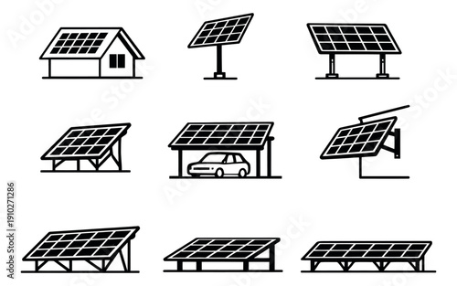Line art solar energy system icons set featuring installations on a house, stand, and carport for sustainable power generation