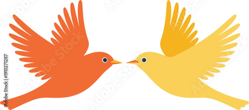 Two flying birds in orange and yellow colors facing each other, minimalist vector illustration of avian couple, love and partnership concept isolated.