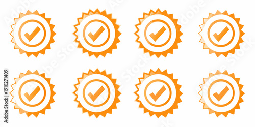 Eight orange ribbon seals with checkmarks representing approval or certification