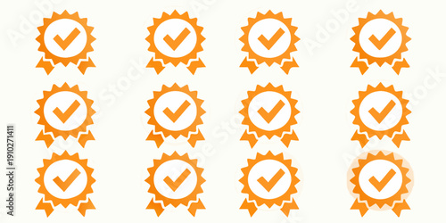 Eight orange starburst badges with white checkmarks arranged in a grid