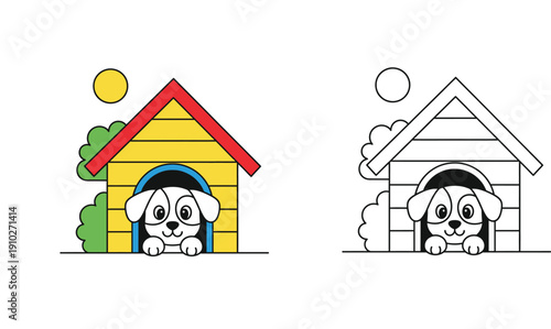 Cute cartoon dog in a doghouse coloring page vector illustration. Happy puppy inside a kennel with colored example and black and white outline for kids activity book or education.