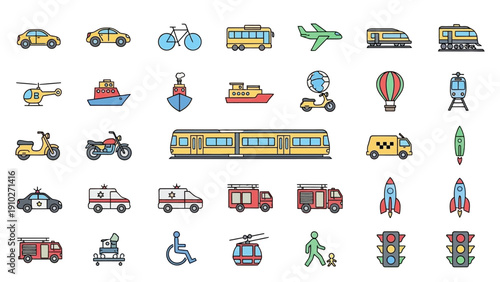 Various Transportation Vehicles Icons.
