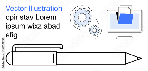 Workflow systems, office productivity, project planning, digital tools, creativity, organization. Pen, gear system computer folder. Workflow systems and office productivity concepts