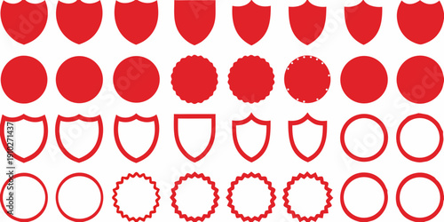 A collection of red shapes including hearts shields and circles