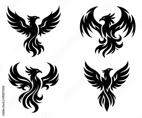 Stylized phoenix bird set featuring four different mythical creature designs for branding and tattoo concepts