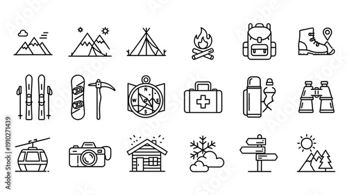 Various travel and adventure icons.