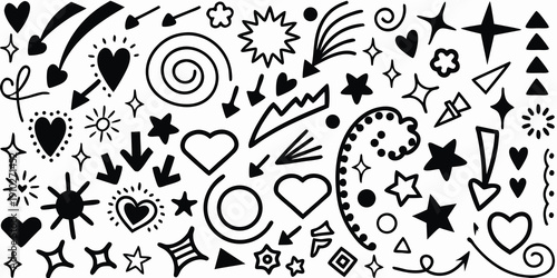 Collection of black and white hand drawn doodle shapes and whimsical designs