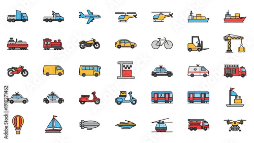 Various Transportation Vehicles Icons.
