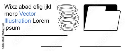 Financial management, organization, digital storage, data archiving, financial planning, business tools. A folder graphic with stacks of coins and text elements. Financial management and organization
