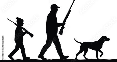WebBlack silhouette of father and son walking with hunting rifles and a pointer dog in the field, representing outdoor family traditions and rural sport