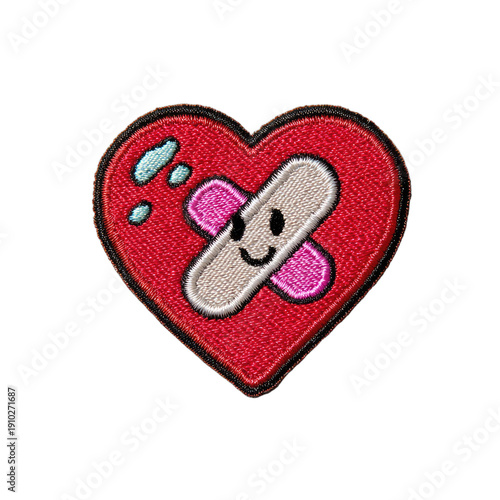 A red heart-shaped patch with a smiling bandage, symbolizing healing